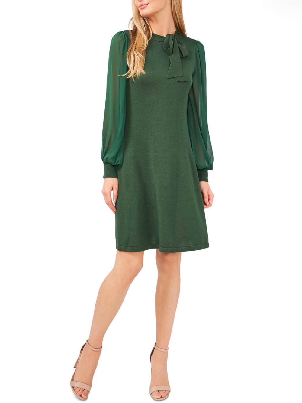 CECE Chic Chiffon Long Sleeve Deep Green Bow-Tie A-Line Dress small